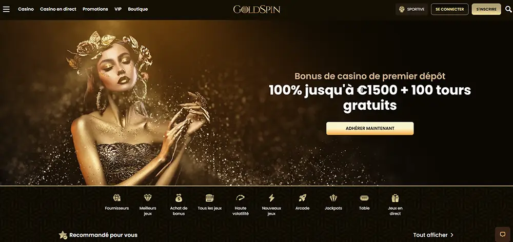 Accueil du casino GoldSpin