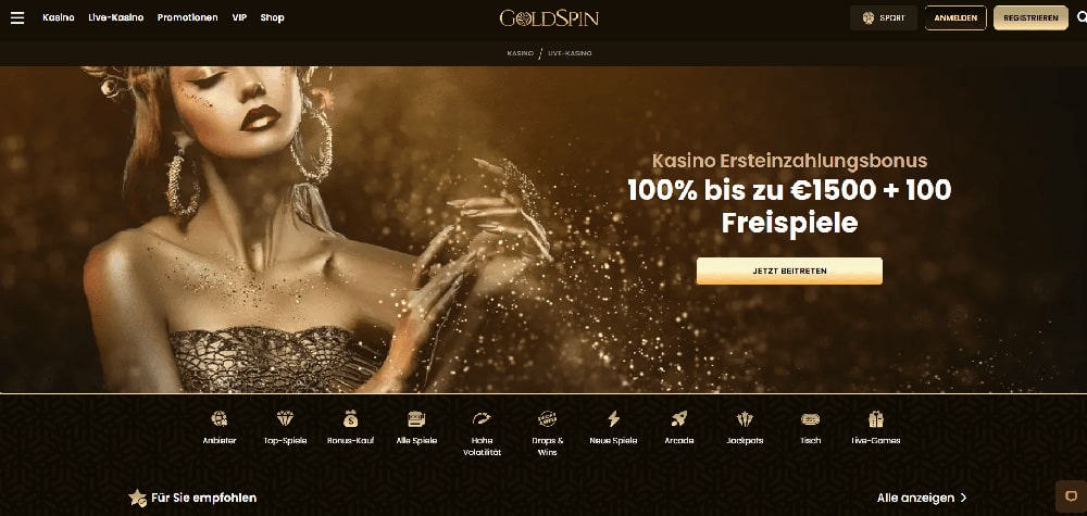 Die Startseite von Gold Spin