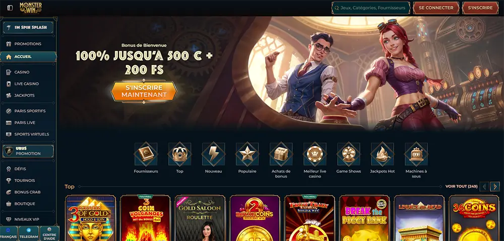 Accueil du casino MonsterWin