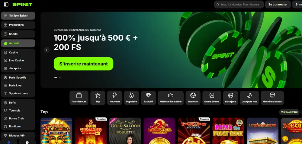 Accueil du casino Spinit