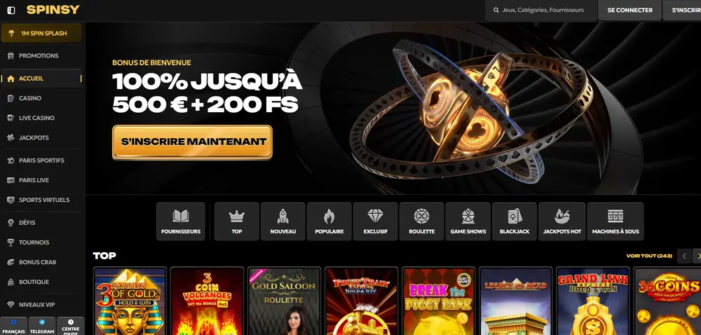 Accueil du casino Spinsy