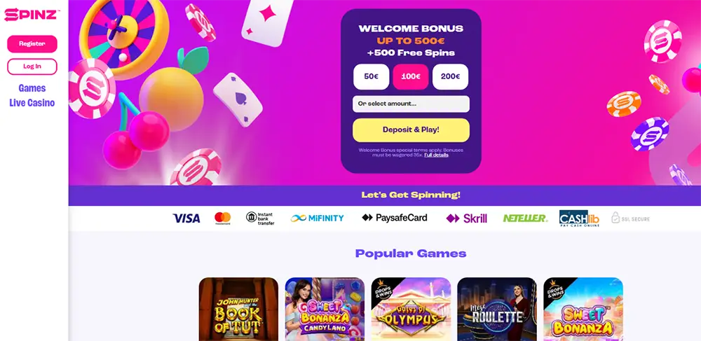 Spinz Casino Canada Homepage