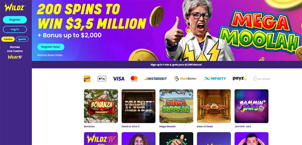 Wildz Casino Canada Homepage